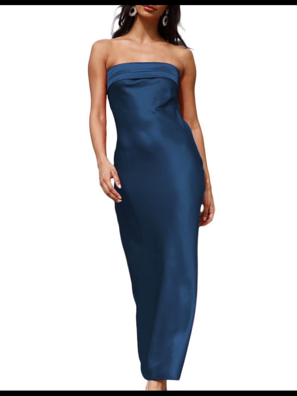 Strapless Satin Maxi Dress in Deep Blue